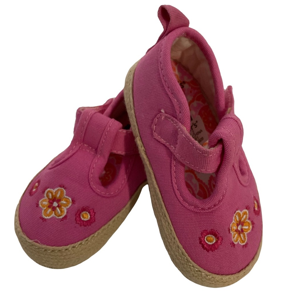 Carter's Pink Floral Canvas Mary Jane Baby Shoes; Size 2; Self-Adhesive Closure